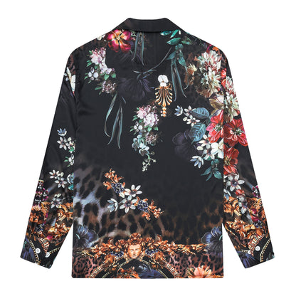 Leopard Printed Floral Camp Collar Long Sleeve Shirt
