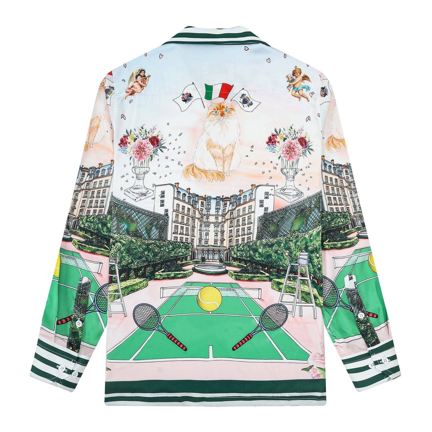 Green Tennis Court Camp Collar Long Sleeve Shirt