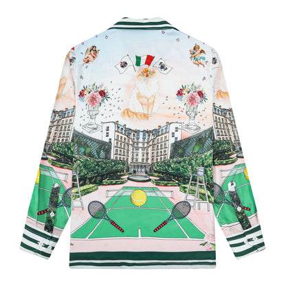 Green Tennis Court Camp Collar Long Sleeve Shirt