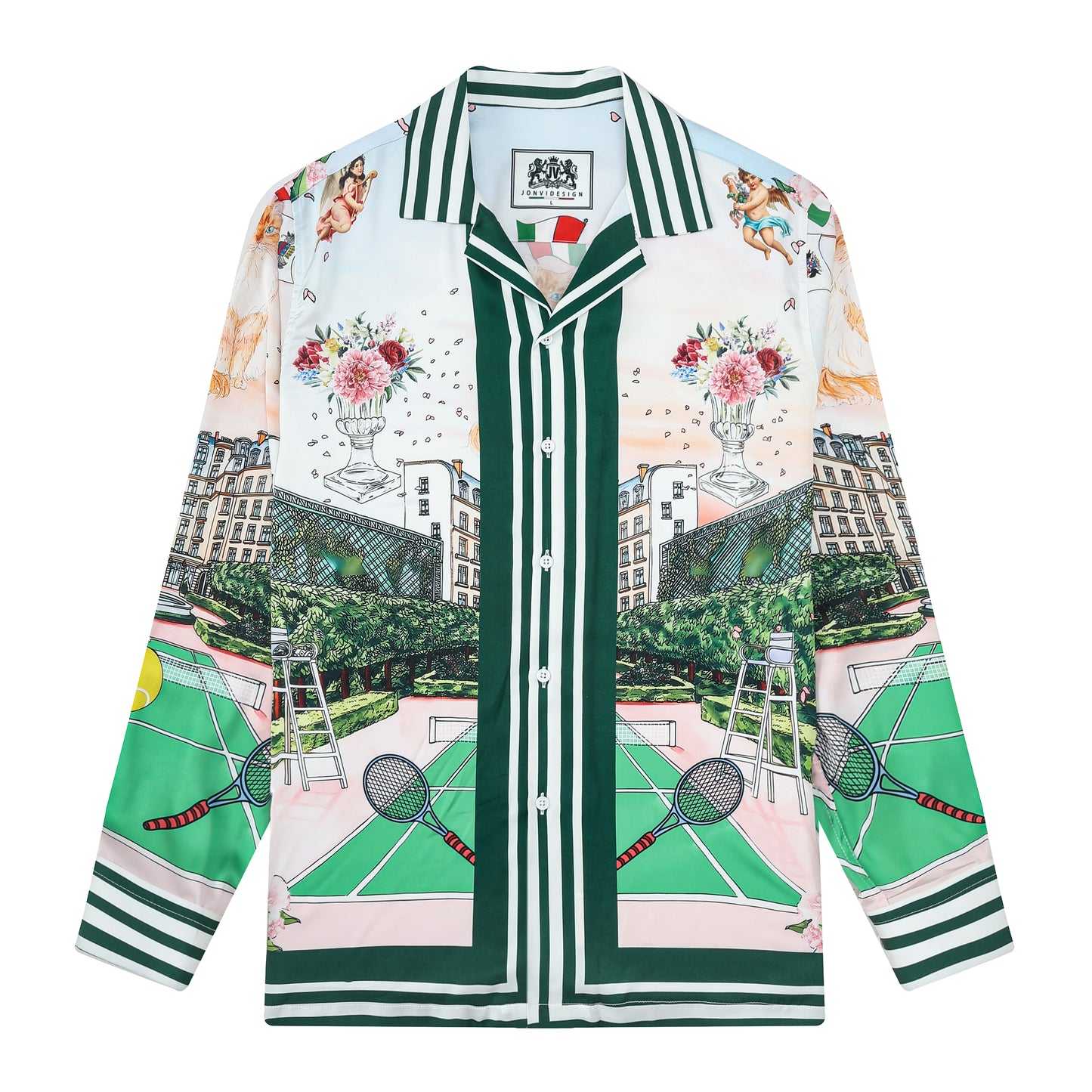 Green Tennis Court Camp Collar Long Sleeve Shirt