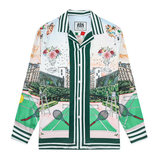 Green Tennis Court Camp Collar Long Sleeve Shirt