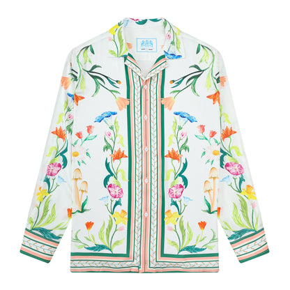 Green Floral Pattern Camp Collar Long Sleeve Shirt