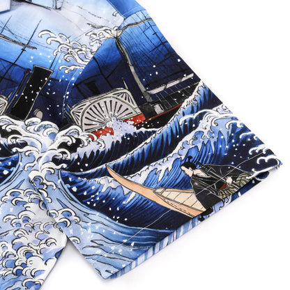 Sea Wave Ukiyoe Style Button Short Sleeve Shirt