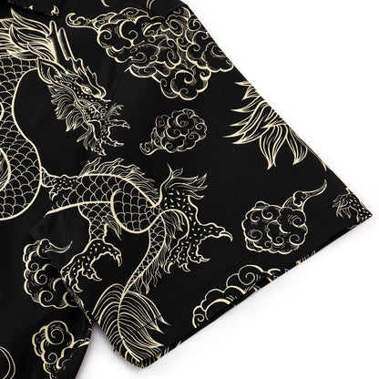 Dragon Pattern Button Short Sleeve Shirt in Black
