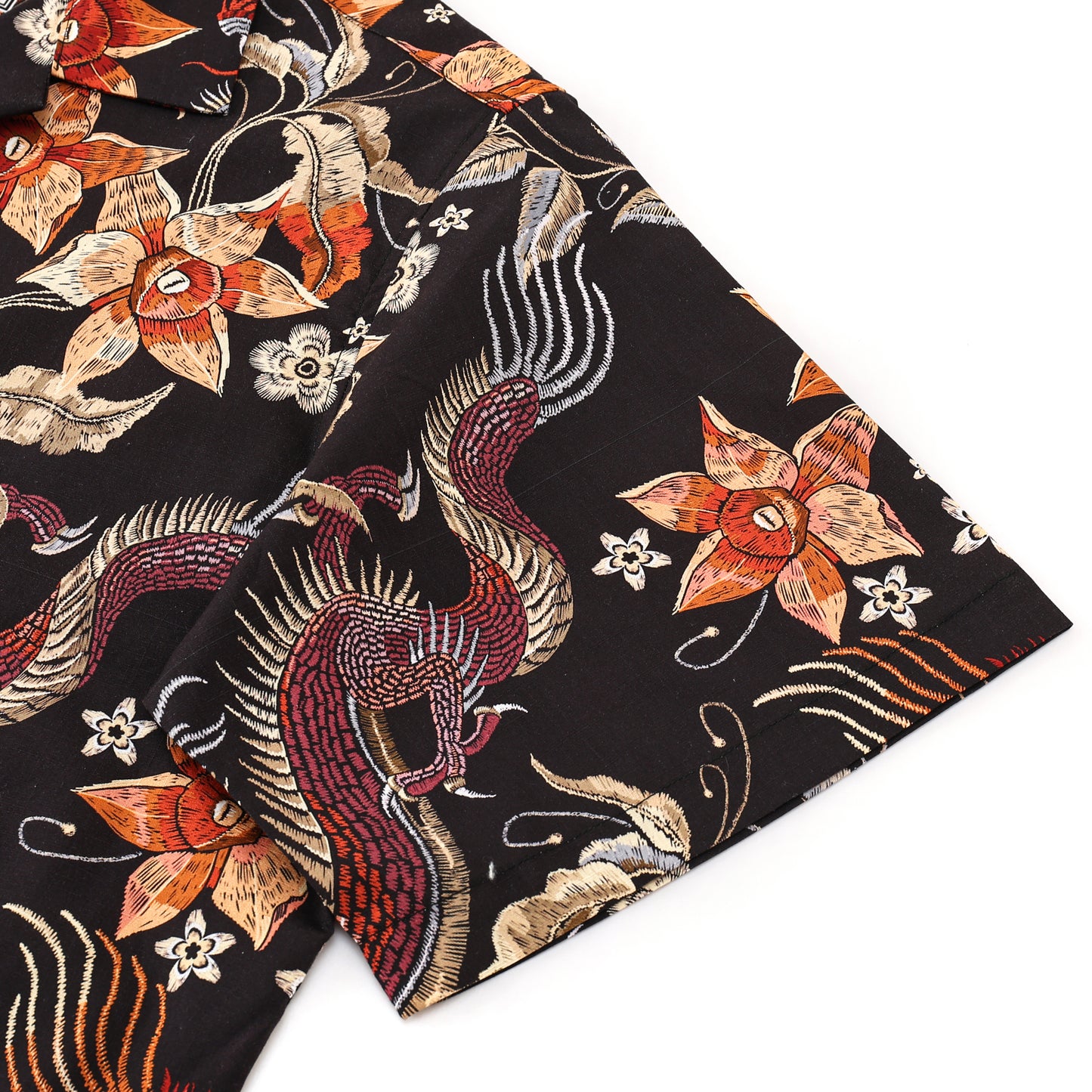 Dragon Floral Pattern Button Short Sleeve Shirt
