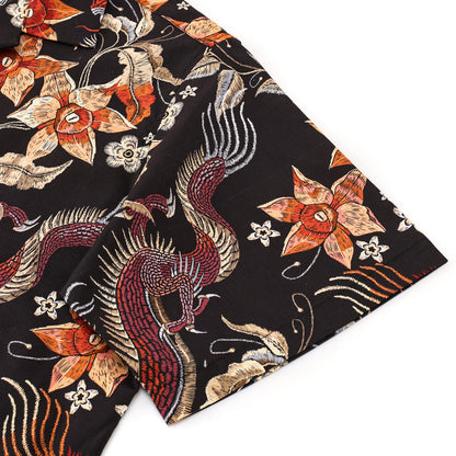 Dragon Floral Pattern Button Short Sleeve Shirt