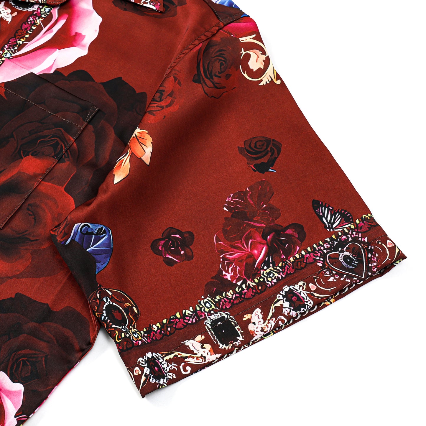 Red Rose Floral Silk Fiber Short Sleeve Casual Shirt
