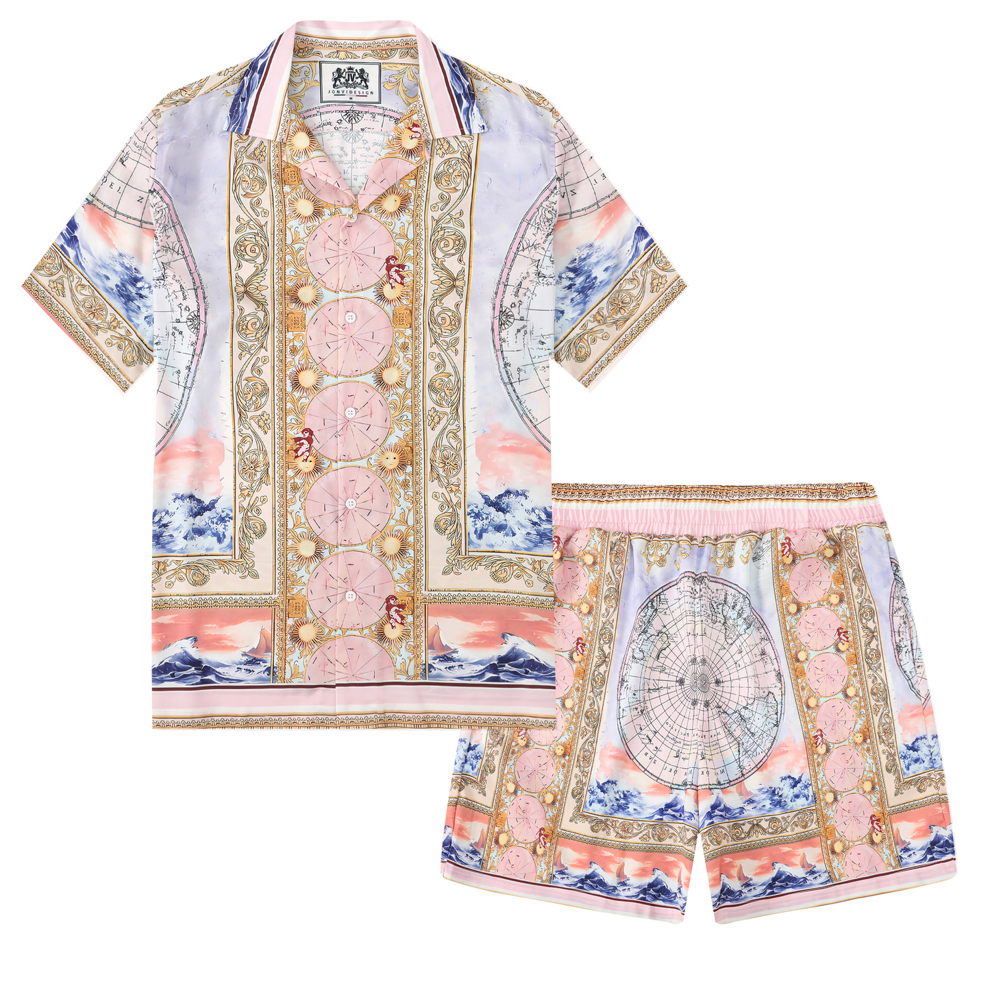 Baroque Globe Pattern Print Short Sleeve Camp Collar Shirt