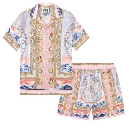 Baroque Globe Pattern Printed Waistband Shorts