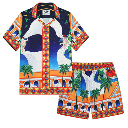 Olive Branch Arched Door Pattern Camp Collar Casual Shirt