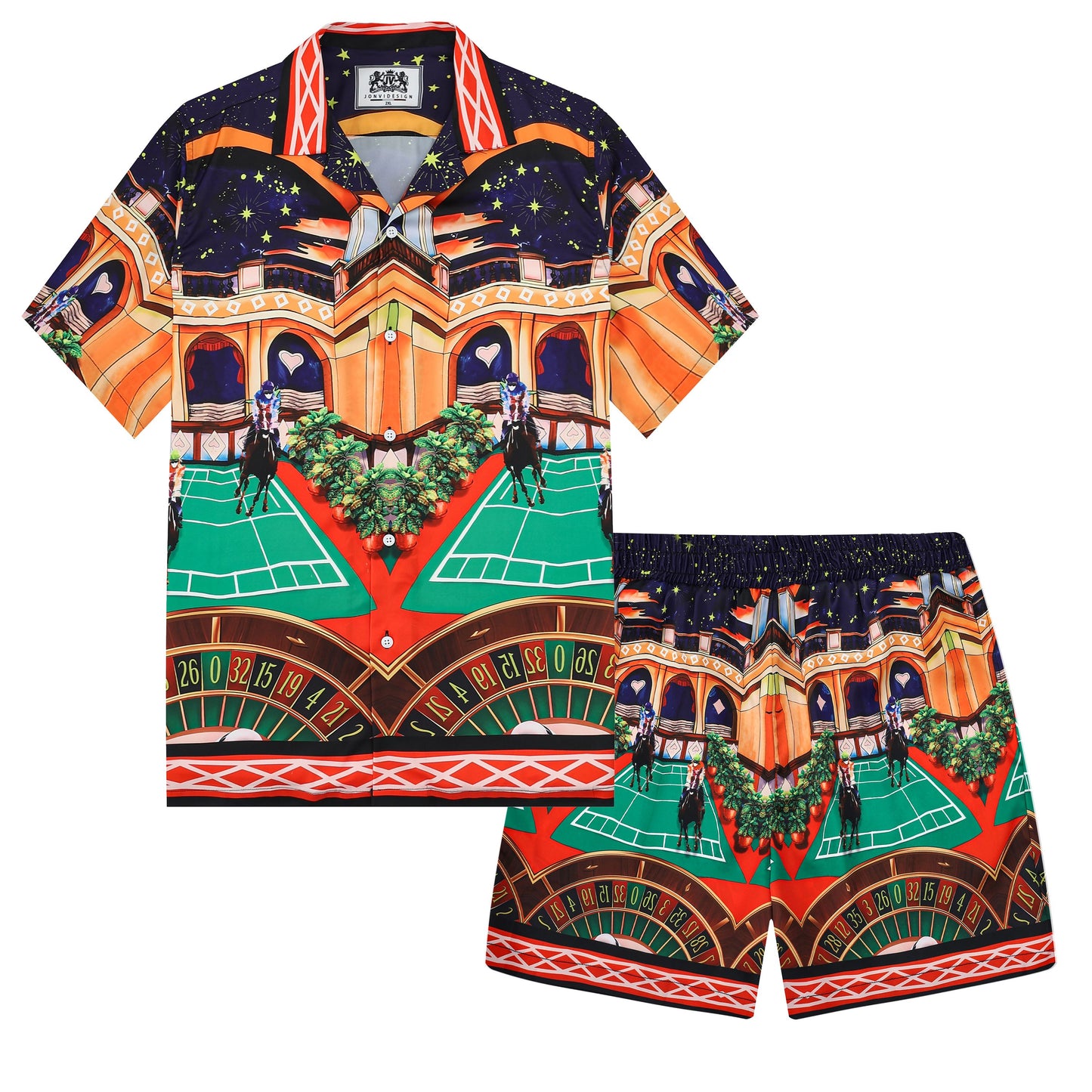 Starry Horse Racing Pattern Silk Fiber Short Sleeve Camp Collar Shirt