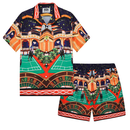 Starry Horse Racing Pattern Silk Fiber Short Sleeve Camp Collar Shirt