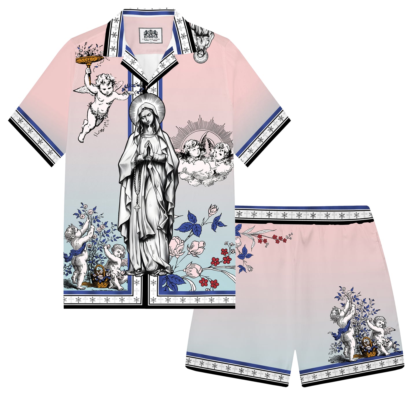 Virgin Statue Ancient Greek Cherub Print Camp Collar Short Sleeve Shirt