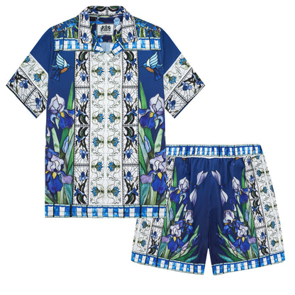 Blue Irises Floral Pattern Silk Fiber Waistband Shorts