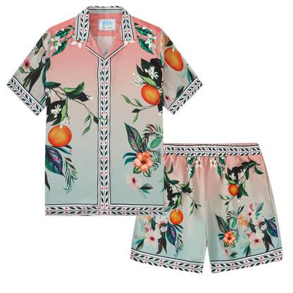 Orange Floral Pattern Short Sleeve Camp Collar Casual Shirt