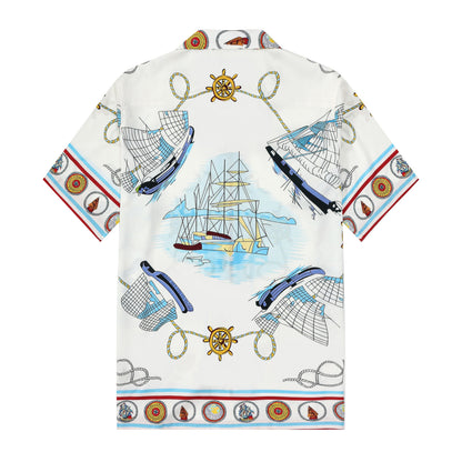 Sailing Boat Pattern Short Sleeve Camp Collar Shirt