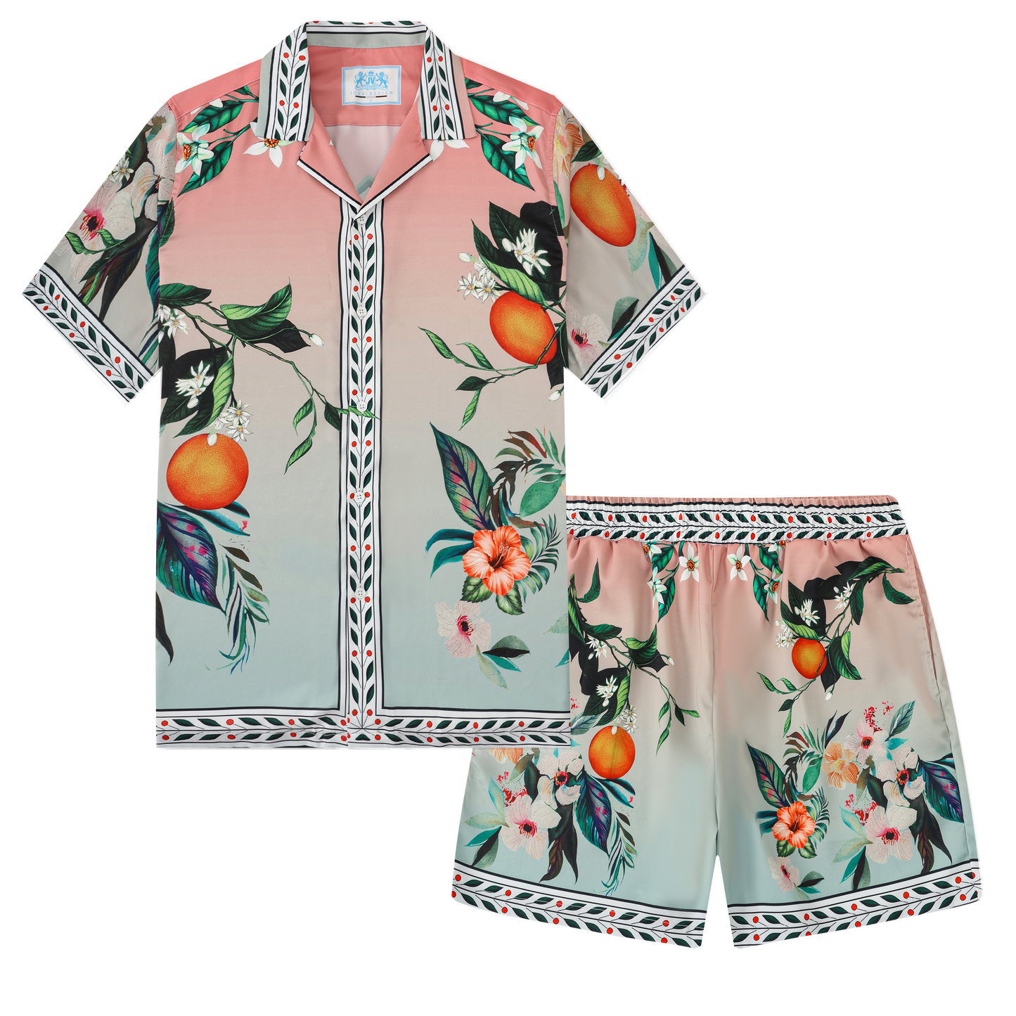 Orange Floral Pattern Silk Fiber Waistband Shorts