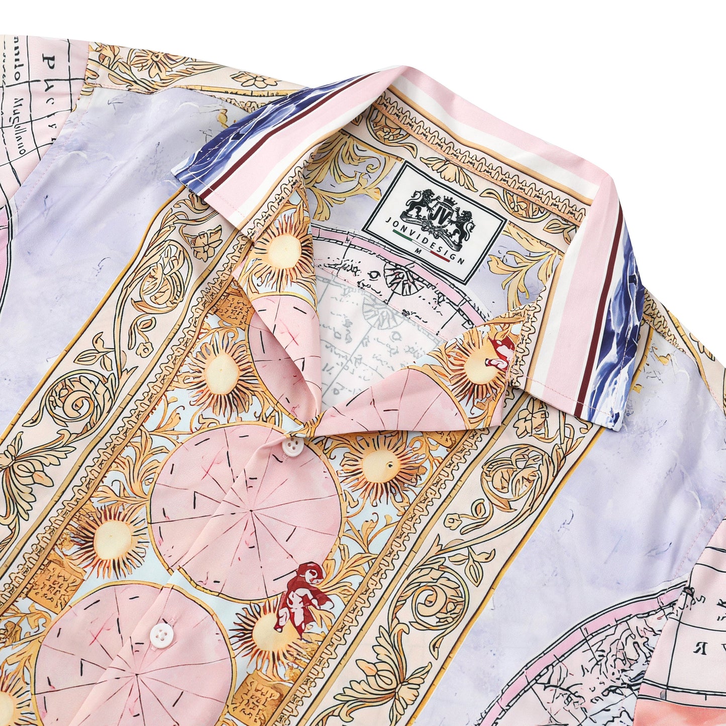 Baroque Globe Pattern Print Short Sleeve Camp Collar Shirt