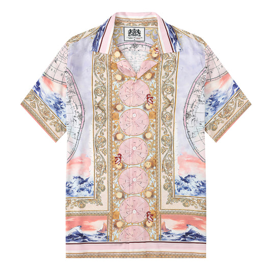 Baroque Globe Pattern Print Short Sleeve Camp Collar Shirt