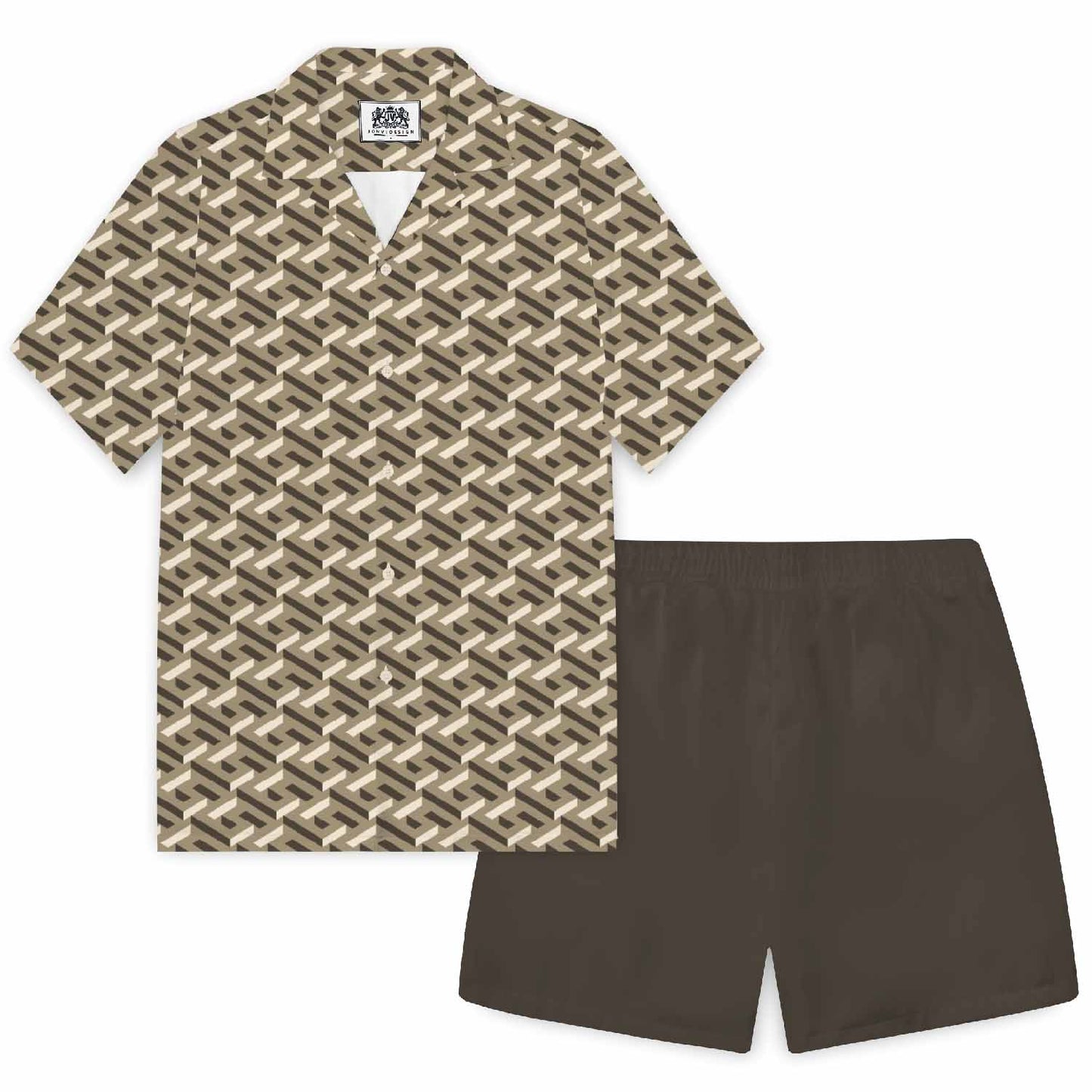 Maze Alphabet Pattern Camp Collar Short Sleeve Shirt