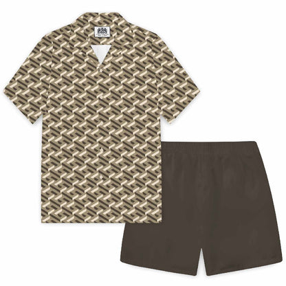 Maze Alphabet Pattern Camp Collar Short Sleeve Shirt