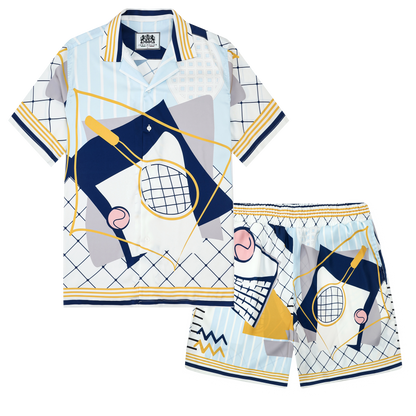 Tennis Court Pattern Short Sleeve Camp Collar Shirt