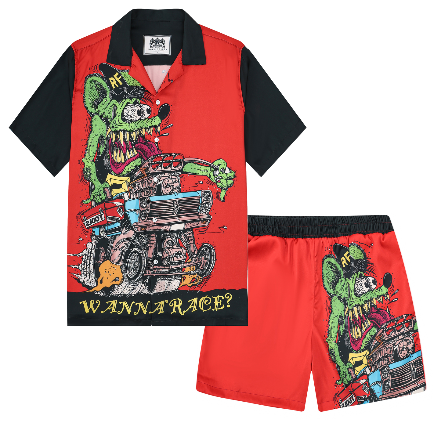 Black And Red Mouse Print Camp Collar Short Sleeve Shirt For Men