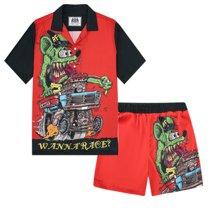 Black And Red Mouse Print Camp Collar Short Sleeve Shirt For Men