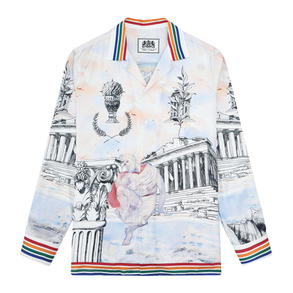 Greek Temple Print Long Sleeve Camp Collar Shirt