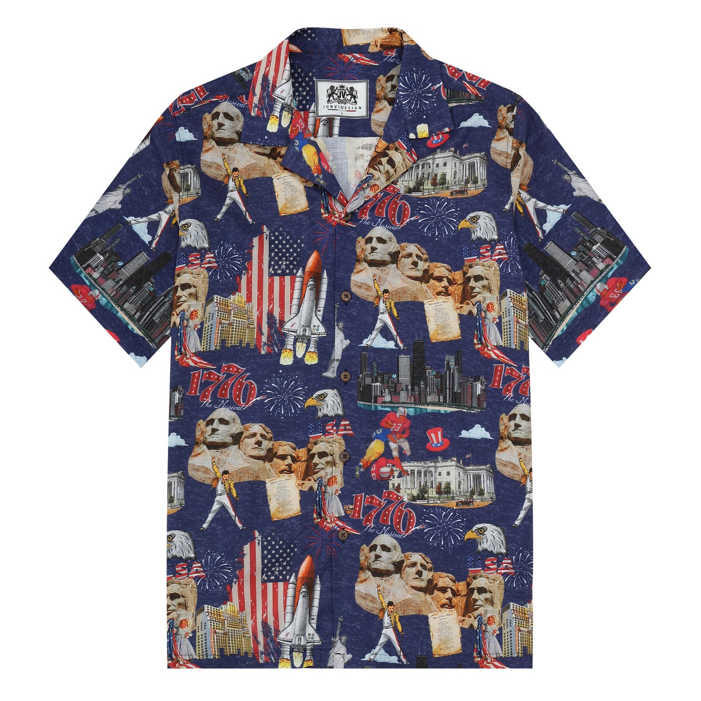 1950s Mount Rushmore Pattern Camp Collar Short Sleeve Shirt