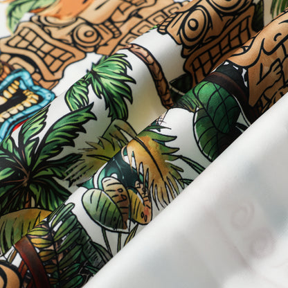 Tropical Tiki Statue Pattern Short Sleeve Camp Collar Shirt in White