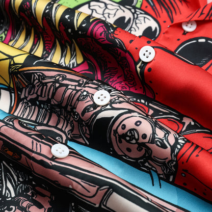 Black And Red Mouse Print Camp Collar Short Sleeve Shirt For Men