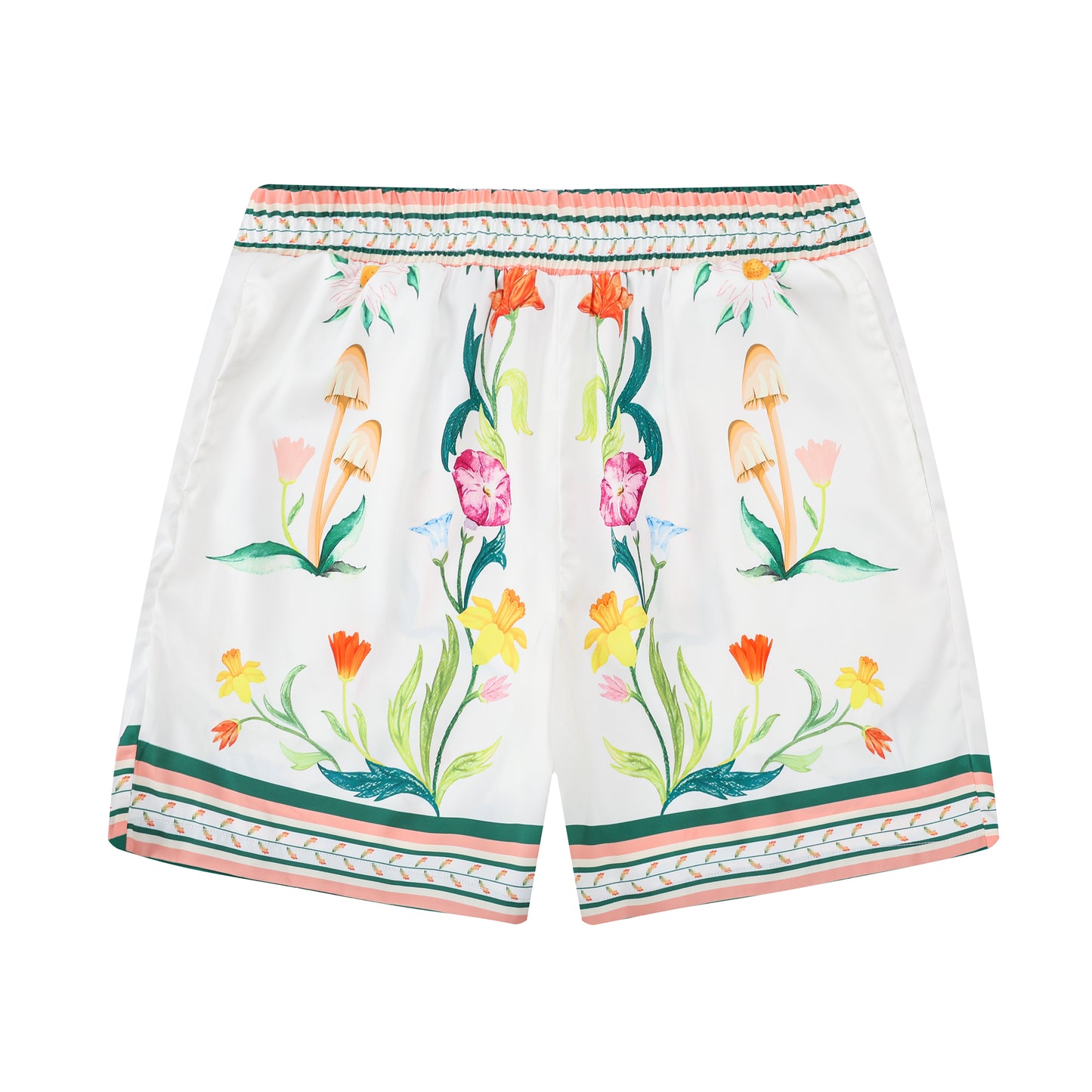Green Floral Pattern Elastic Waist Casual Vacation Shorts