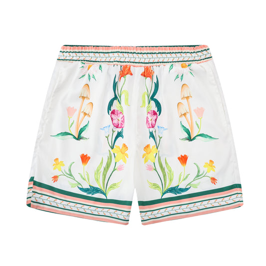 Green Floral Pattern Elastic Waist Casual Vacation Shorts