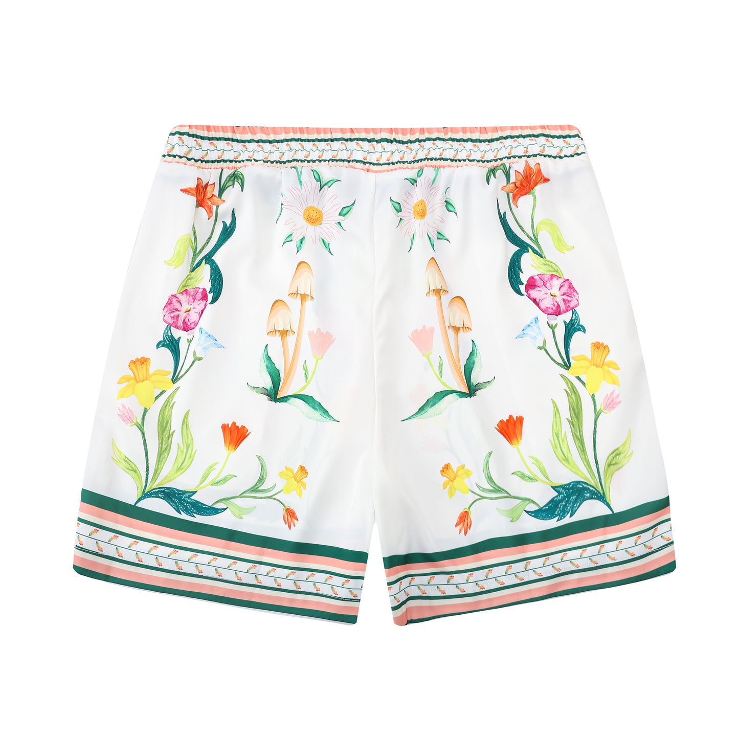 Green Floral Pattern Elastic Waist Casual Vacation Shorts