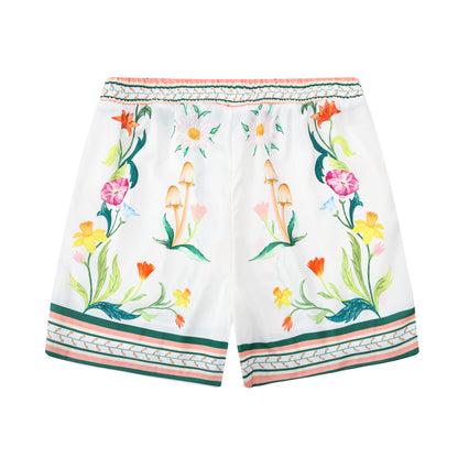 Green Floral Pattern Elastic Waist Casual Vacation Shorts