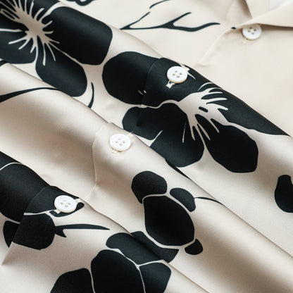 Black Plum Blossom Print Design Camp Collar Short Sleeve Shirt