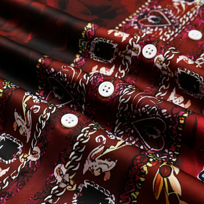 Red Rose Floral Silk Fiber Short Sleeve Casual Shirt