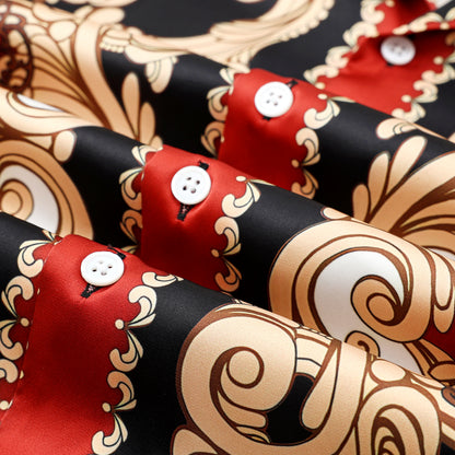 Red Baroque Pattern Camp Collar Casual Shirt for Men Jonvidesign
