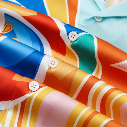 Multicolor Printed Silk Fiber Short Sleeve Camp Collar Shirt