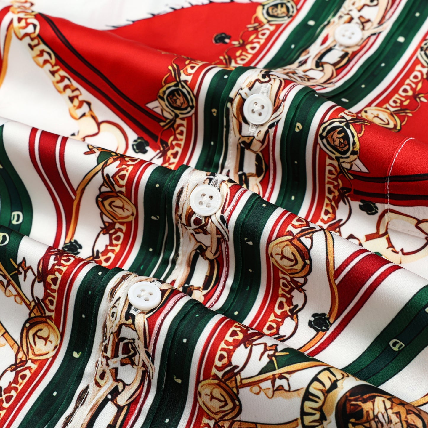 Red Green Chain Pattern Silk Fiber Short Sleeve Shirt