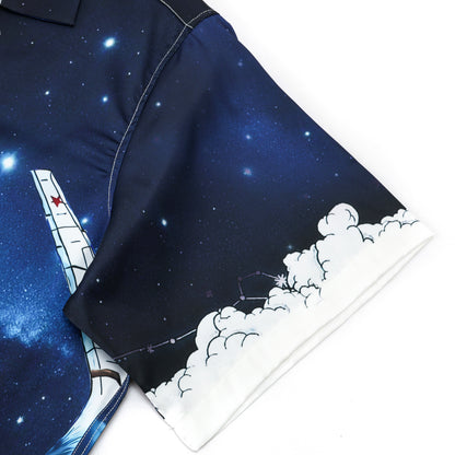 Airplane Starry Night Print Short Sleeve Camp Collar Shirt