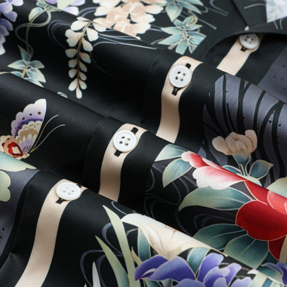 Ukiyo-e Floral Crane Printed Camp Collar Short Sleeve Shirt