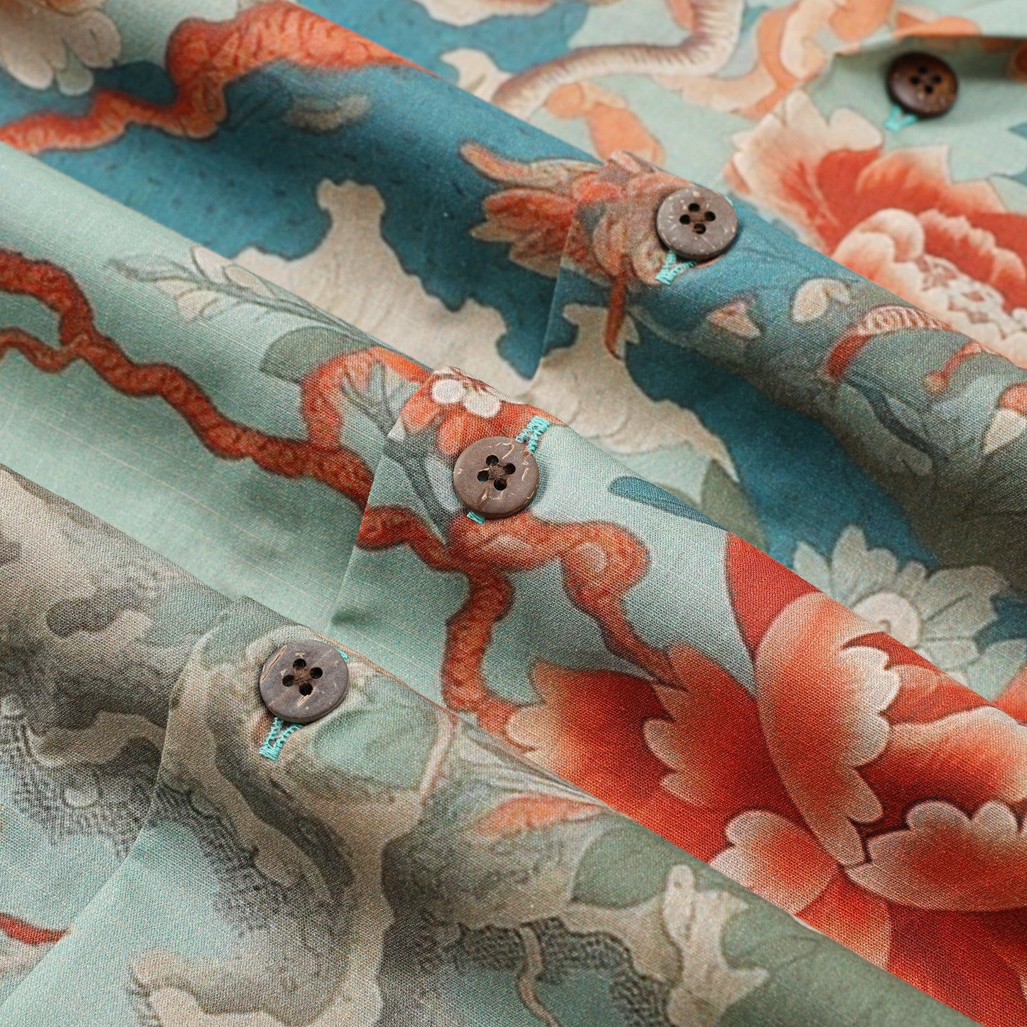 Ukiyo-e Gragon Floral Pattern Camp Collar Short Sleeve Shirt