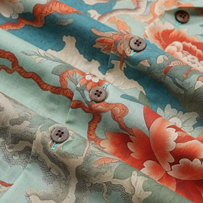 Ukiyo-e Gragon Floral Pattern Camp Collar Short Sleeve Shirt