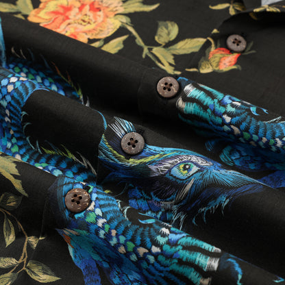 Ukiyo-e Floral Dragon Printed Camp Collar Short Sleeve Shirt
