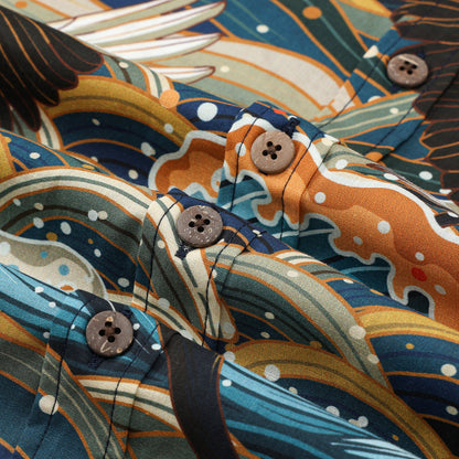 Crane Wave Koi Fish Pattern Button Short Sleeve Shirt