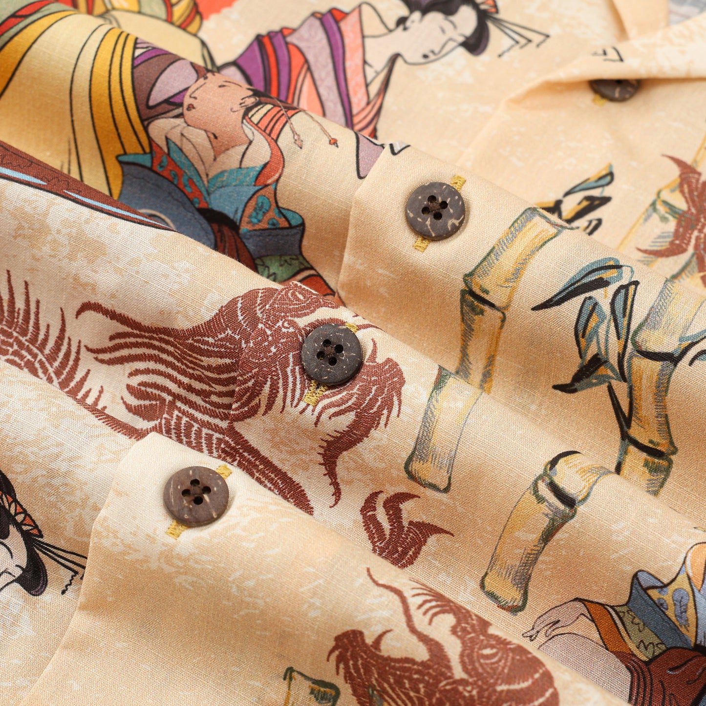 Ukiyo-e Japanese Women Printed Camp Collar Short Sleeve Shirt