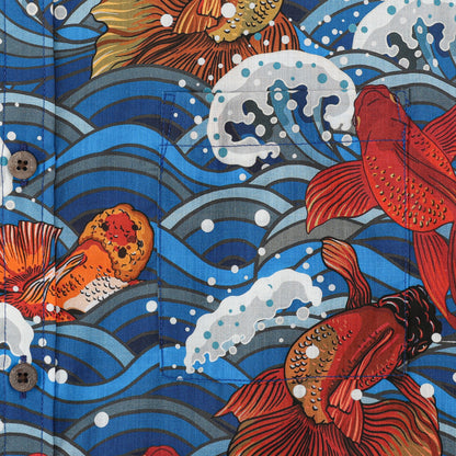 Sailboat Wave Koi Fish Pattern Button Short Sleeve Shirt
