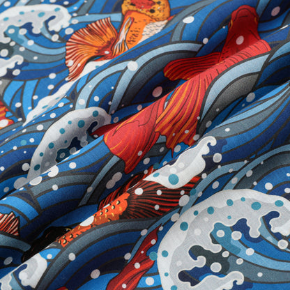 Sailboat Wave Koi Fish Pattern Button Short Sleeve Shirt